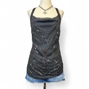 Y2K Express Women’s Halter Top Floral Sequin Embroidered Small Glam Mcbling